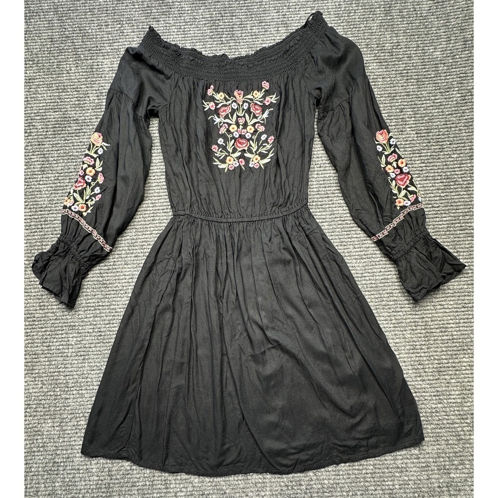 Hollister Dress Junior Small Black Floral Embroidered Off Shoulder Boho Milkmaid